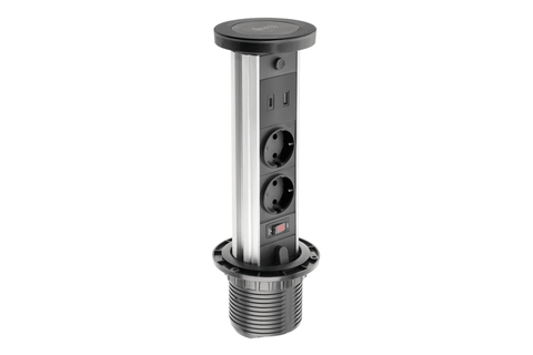 Подовжувач GTV CAMINO 100мм 2 розетки SCHUKO USB A+C, безпровідна зарядка 10W, кабель 1,5м Чорний AE-BPW2SCAM-20 фото