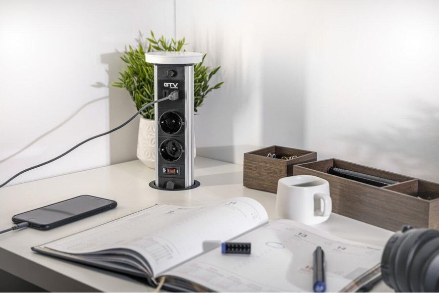 Подовжувач GTV CAMINO 100мм 2 розетки SCHUKO USB A+C, безпровідна зарядка 10W, кабель 1,5м Чорний AE-BPW2SCAM-20 фото