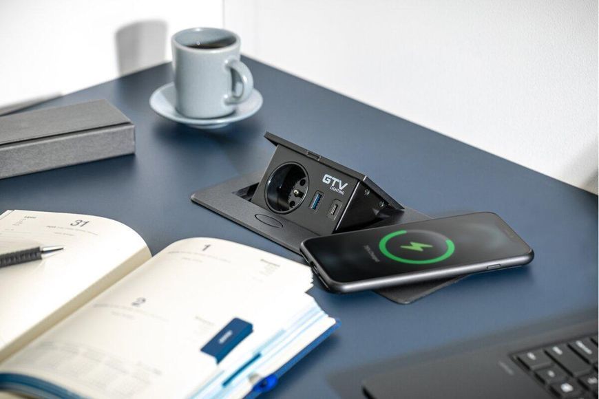 Подовжувач GTV AVARO PLUS 1 розетка SCHUKO USB A+C, безпровідна зарядка 5W, кабель 1,5м Чорний AE-PB1SAVAP-20 фото