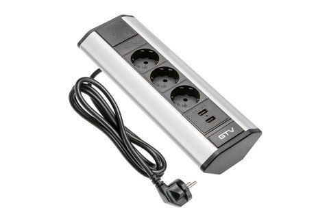 Подовжувач кутовий, 3х Schuko, 2xUSB 2.1A 5V, 230V AC, 3600W, алюміній AE-PBKT3S2U-80 фото
