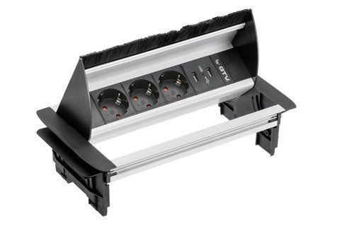Подовжувач настільний з щіткою, 3х Schuko 2xUSB 2.1A 5V, 230V AC, 16A. 3600W, 1,5m кабель, без нижньго корпуса, шліфована сталь AE-PBC3GS2U-53BKS фото