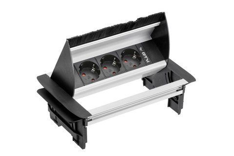 Подовжувач настільний з щіткою, 3х Schuko 230V AC, 16A. 3600W, 1,5m кабель, без нижньго корпуса, шліфована сталь AE-PBC3GS-53BKS фото